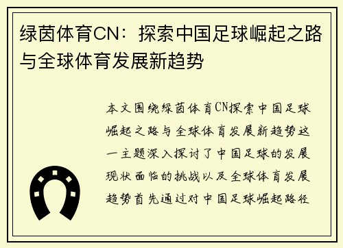 绿茵体育CN：探索中国足球崛起之路与全球体育发展新趋势